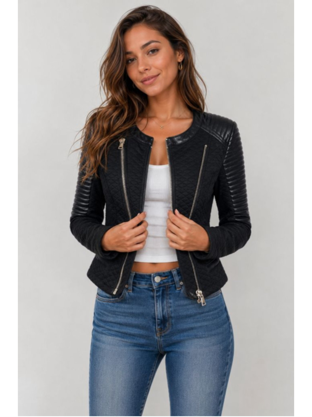 Amisu Black Quilted Moto Jacket Size 4 EU 34 Faux Leather Trim Biker